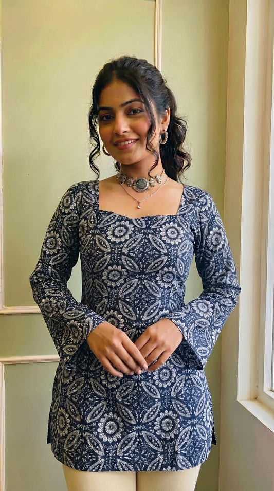 Elegant Blue Flared Sleeve Kurti for Women & Girls | Square Neckline