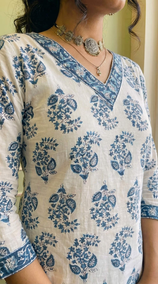 Azure Bloom Block Print Short Kurti