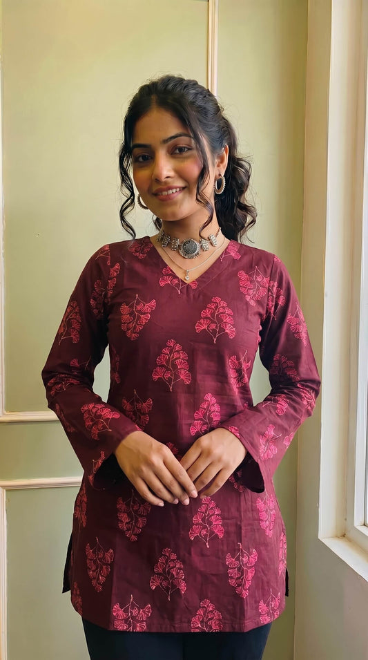 Elegant V-Neck Printed Kurti for Women & Girls | Bell Sleeve Detail