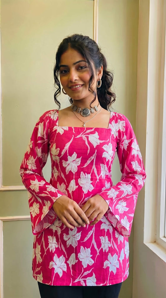 Elegant Pink Flared Sleeve Kurti for Women & Girls | Square Neckline