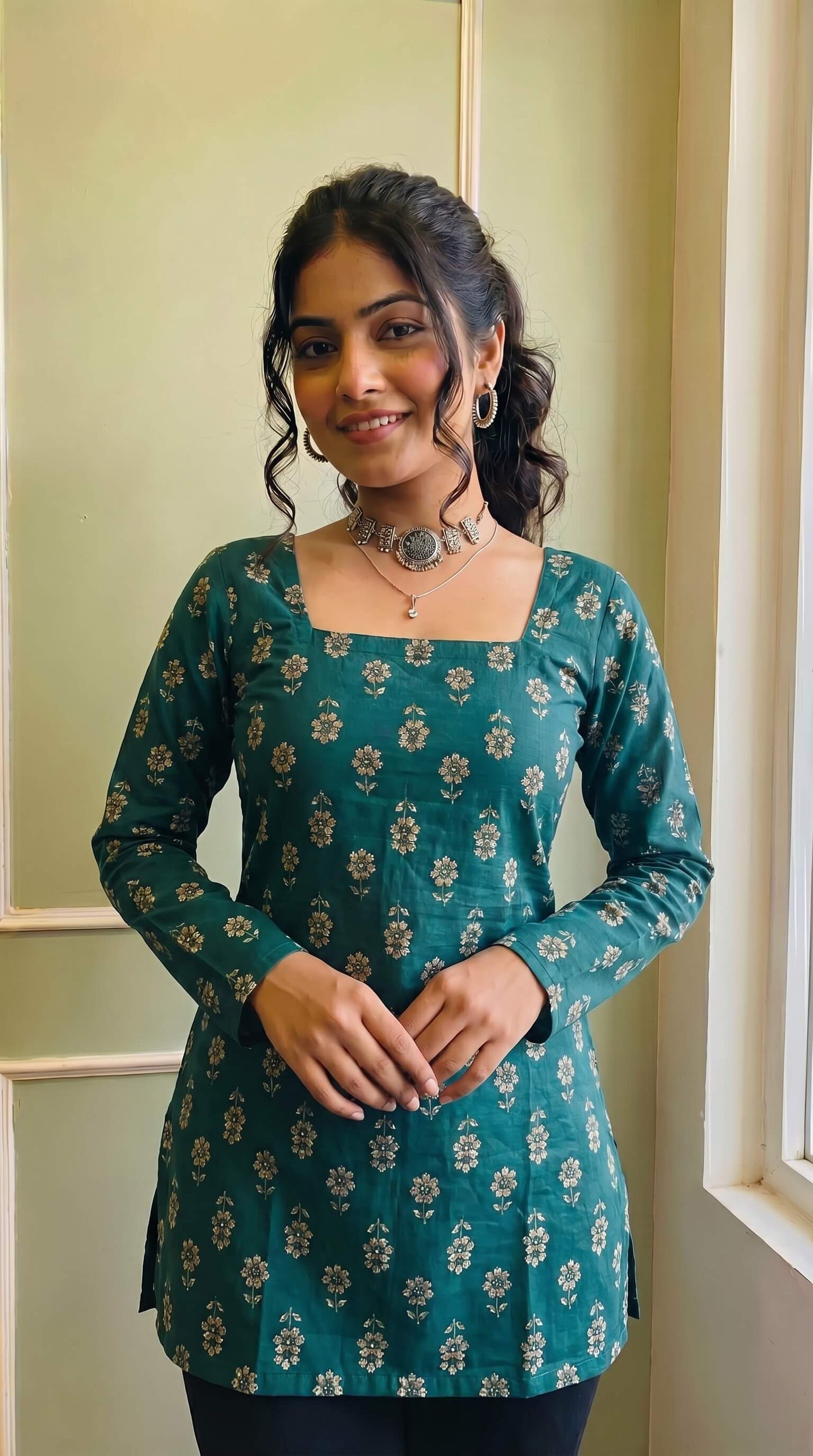 Trendy Green Floral Print Short Kurti for Women & Girls | Pom-Pom Bell Sleeves