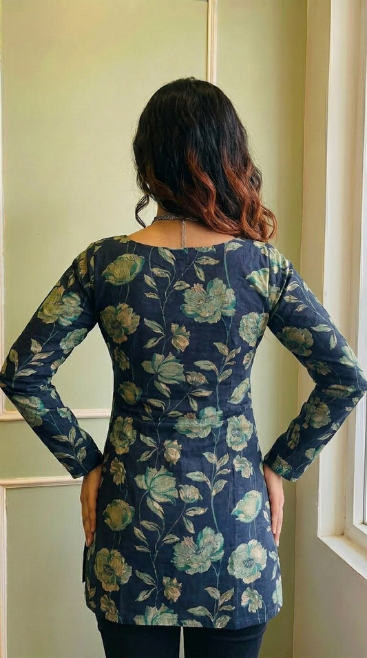 Elegant Navy Flared Sleeve Kurti for Women & Girls | Square Neckline