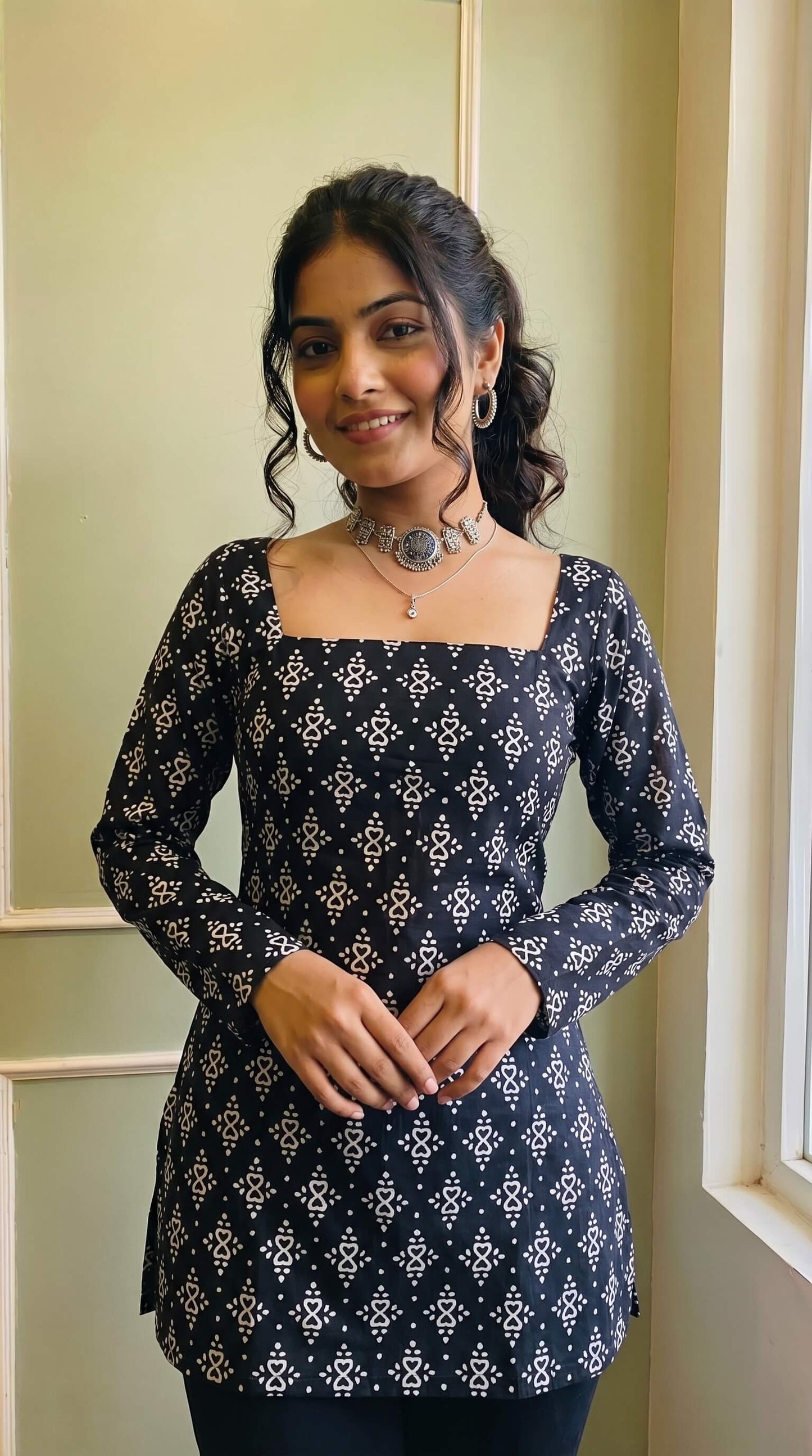 Trendy Black Geometric Print Short Kurti for Women & Girls | Flared Bell Sleeves