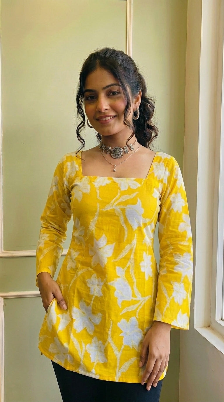 Casual Bright Yellow Floral Kurti for Women & Girls | Square Neck & Flared Sleeves