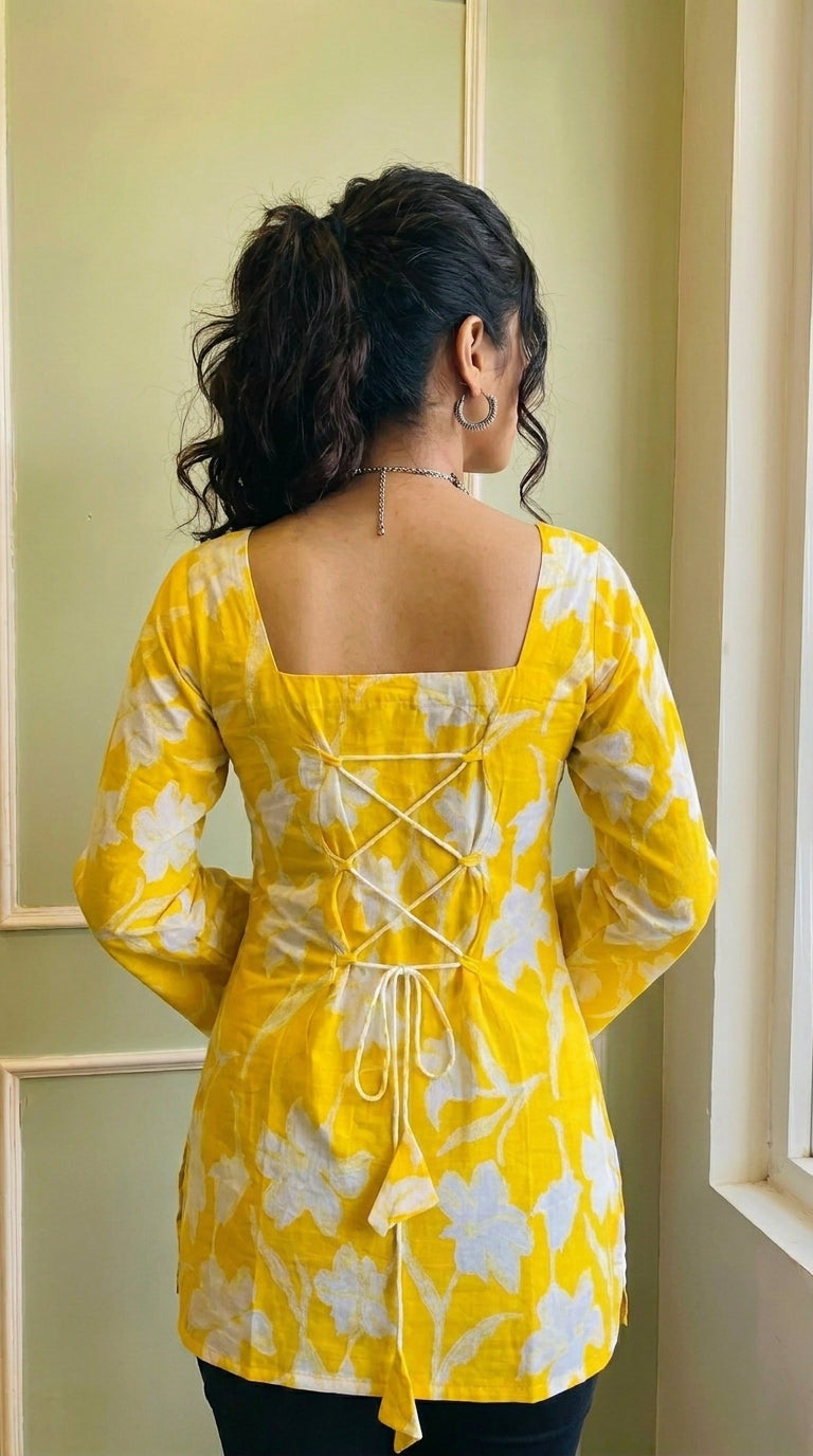 Casual Bright Yellow Floral Kurti for Women & Girls | Square Neck & Flared Sleeves
