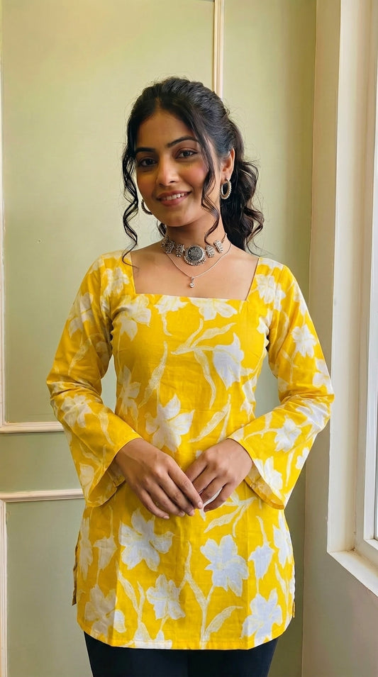 Casual Bright Yellow Floral Kurti for Women & Girls | Square Neck & Flared Sleeves