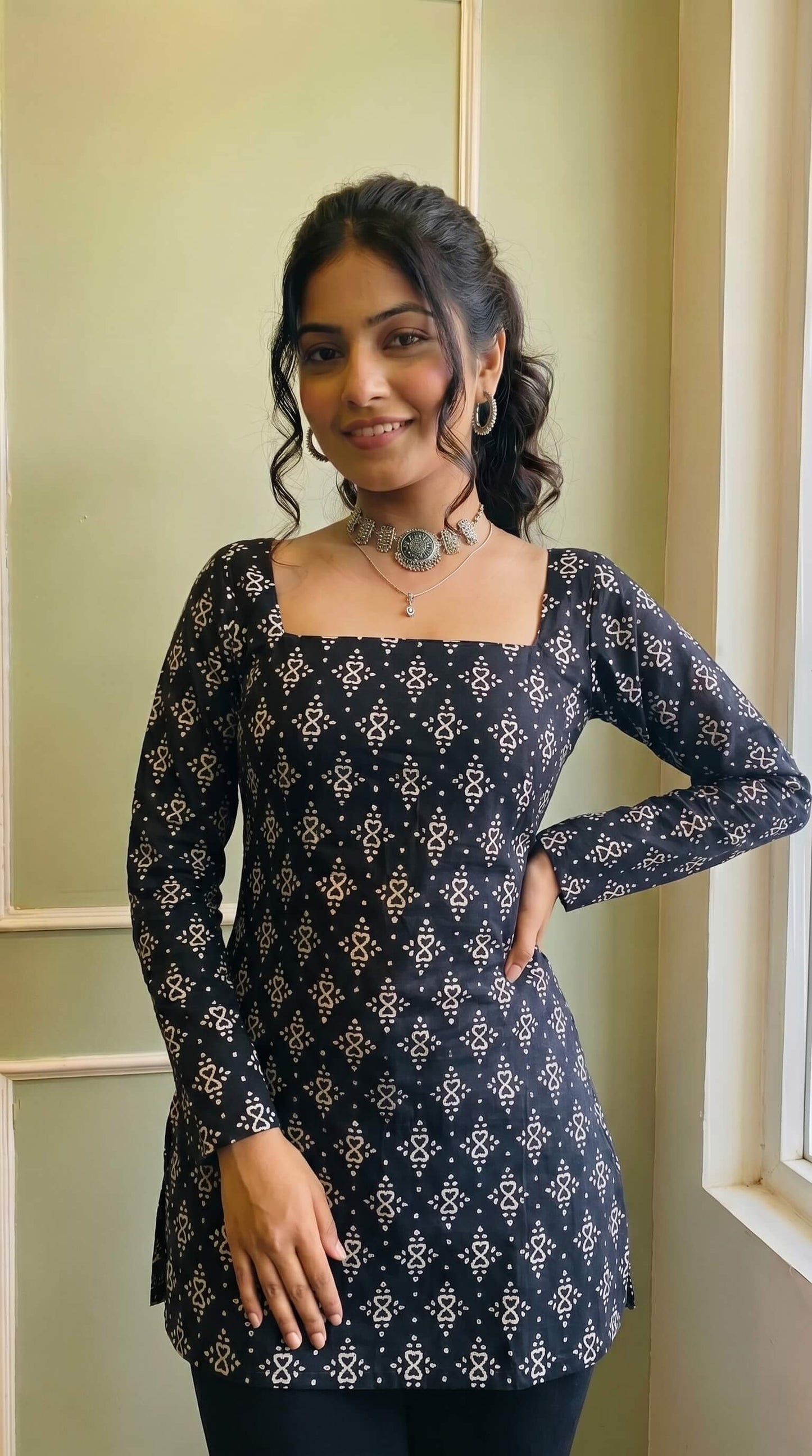 Trendy Black Geometric Print Short Kurti for Women & Girls | Flared Bell Sleeves