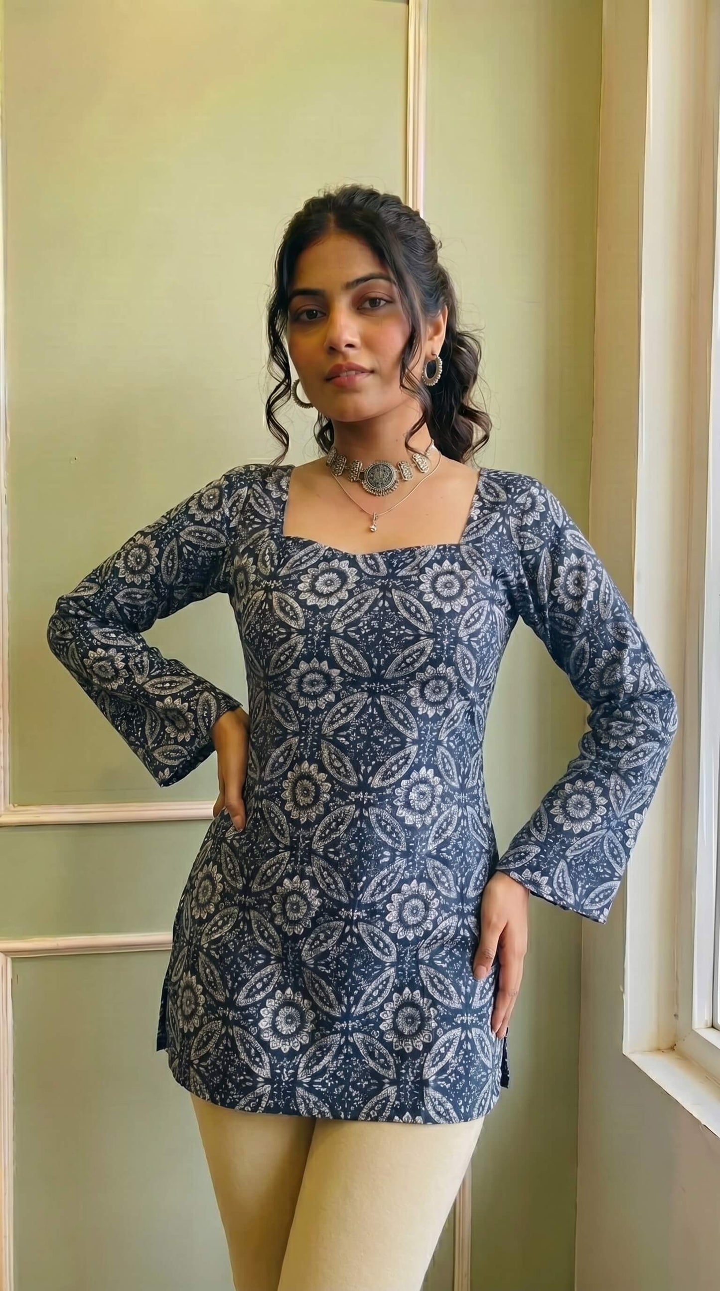 Elegant Blue Flared Sleeve Kurti for Women & Girls | Square Neckline