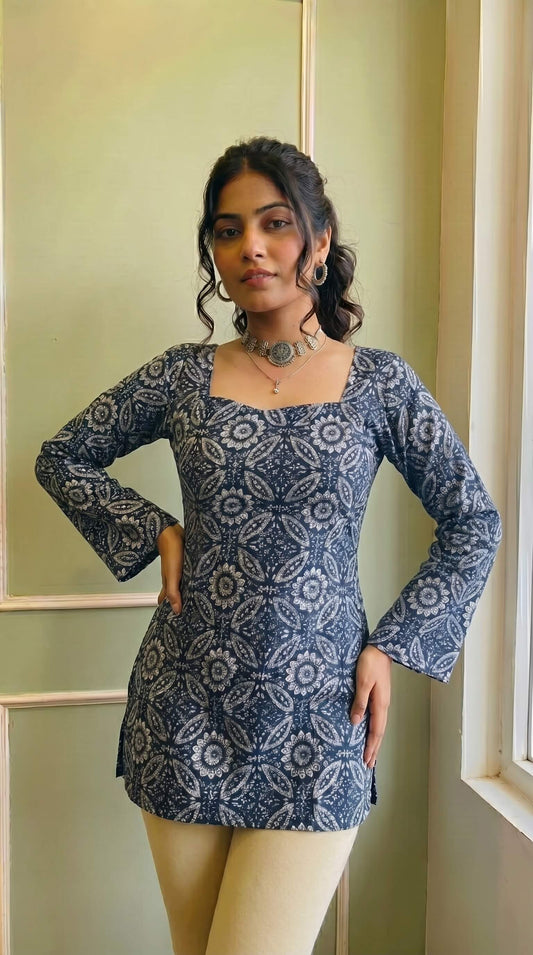 Elegant Blue Flared Sleeve Kurti for Women & Girls | Square Neckline