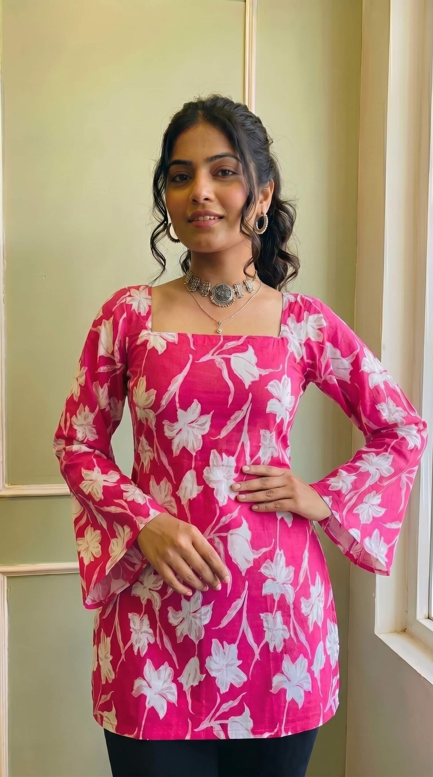 Elegant Pink Flared Sleeve Kurti for Women & Girls | Square Neckline