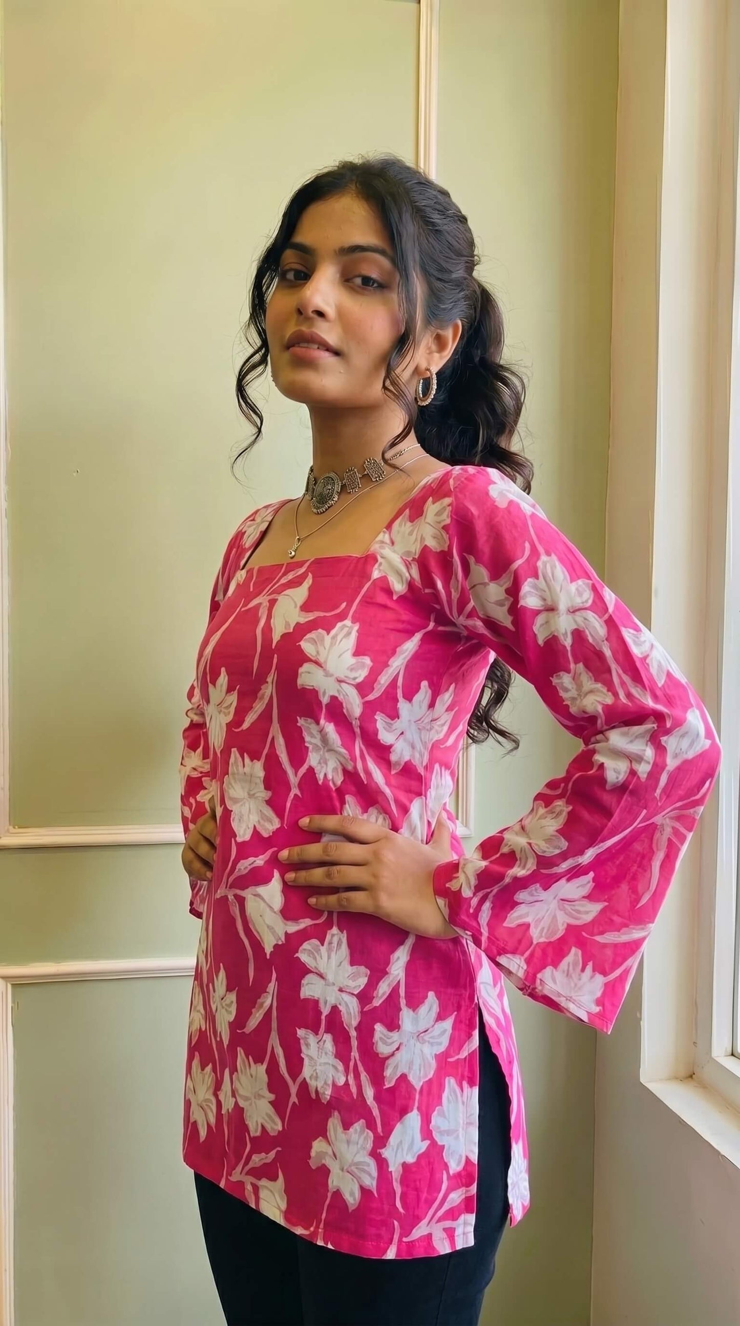Elegant Pink Flared Sleeve Kurti for Women & Girls | Square Neckline