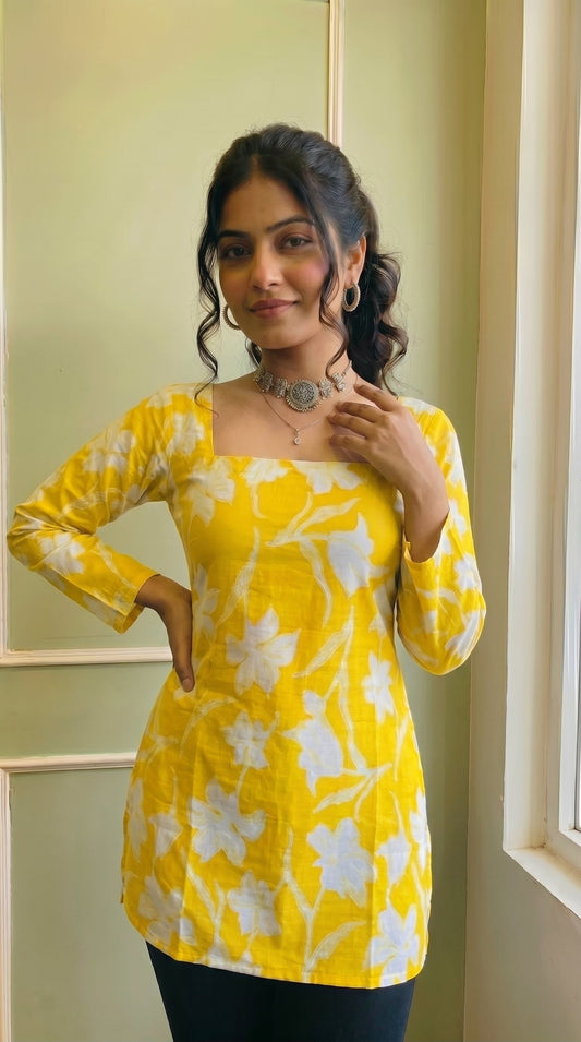 Casual Bright Yellow Floral Kurti for Women & Girls | Square Neck & Flared Sleeves