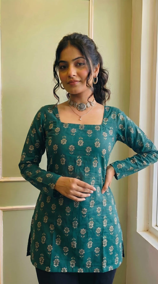 Trendy Green Floral Print Short Kurti for Women & Girls | Pom-Pom Bell Sleeves