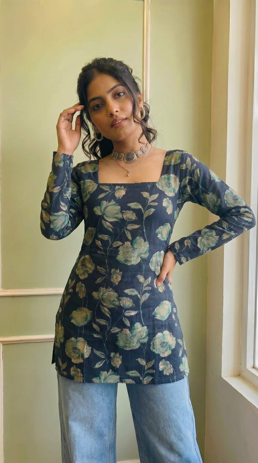 Elegant Navy Flared Sleeve Kurti for Women & Girls | Square Neckline