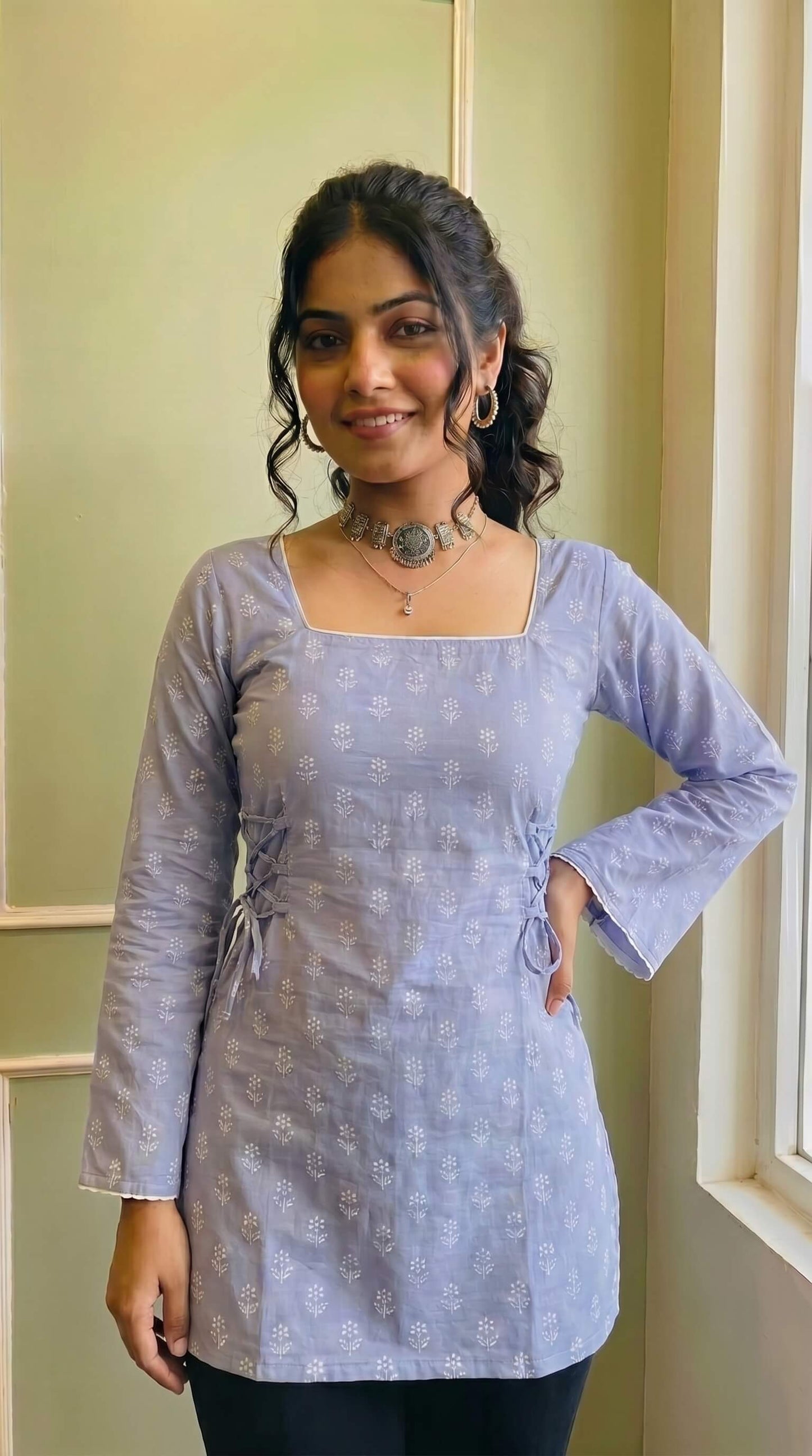 Stylish Square Neck Printed Kurti for Women & Girls | Bell Sleeve Detail