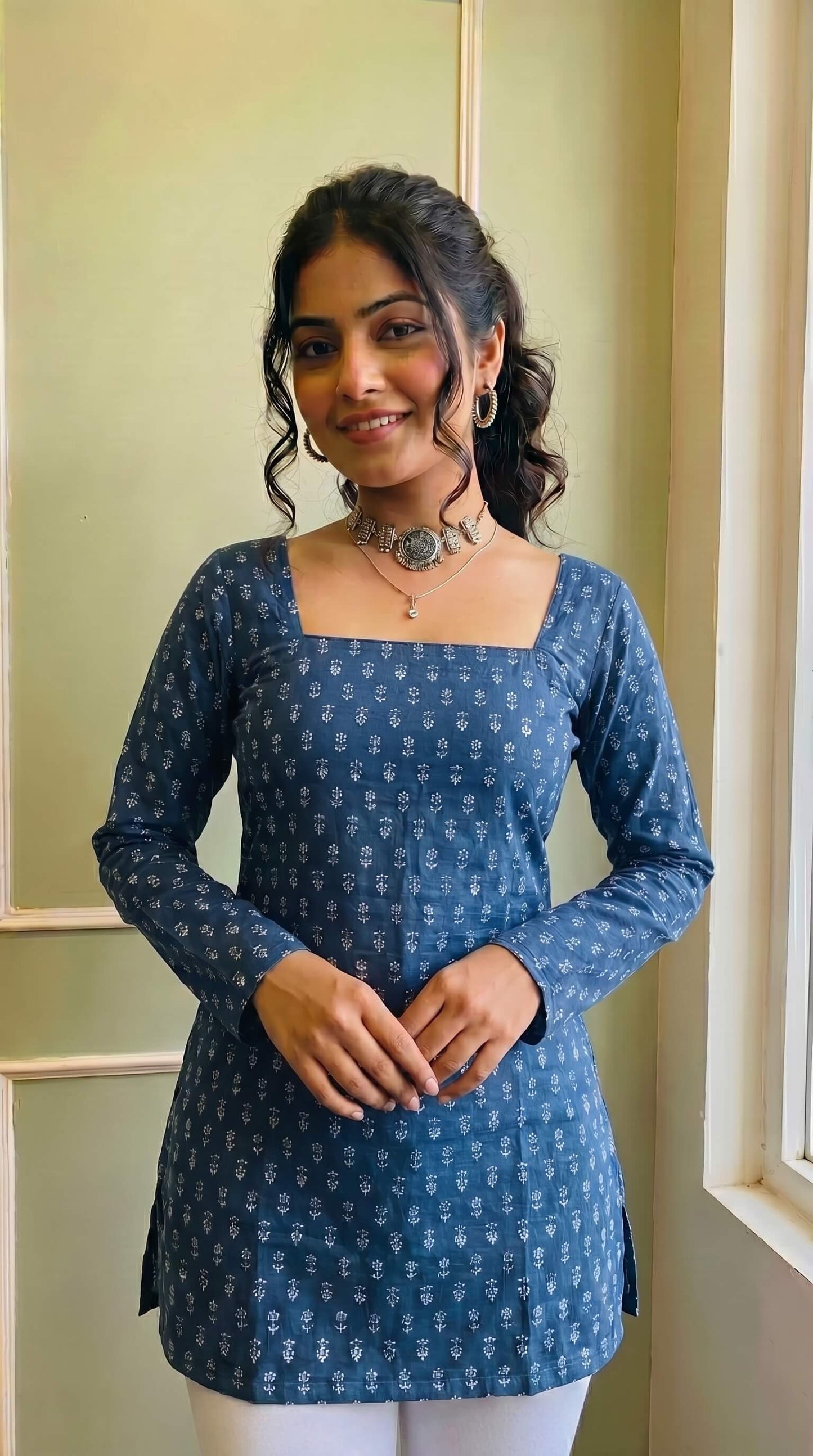 Casual Blue Floral Print Kurti for Women & Girls | Square Neckline