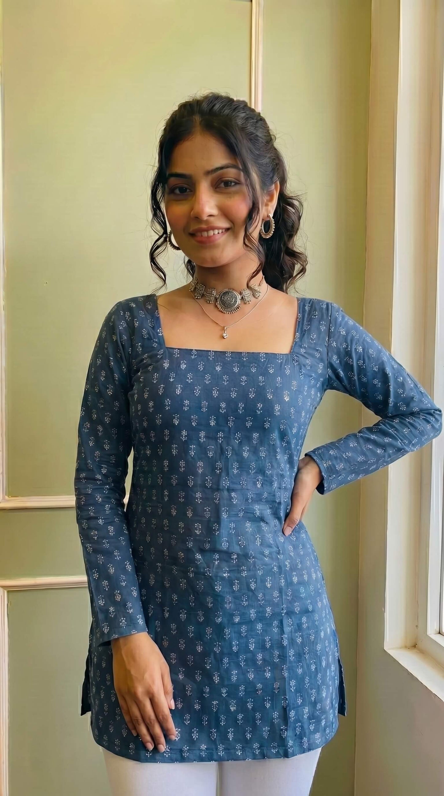 Casual Blue Floral Print Kurti for Women & Girls | Square Neckline