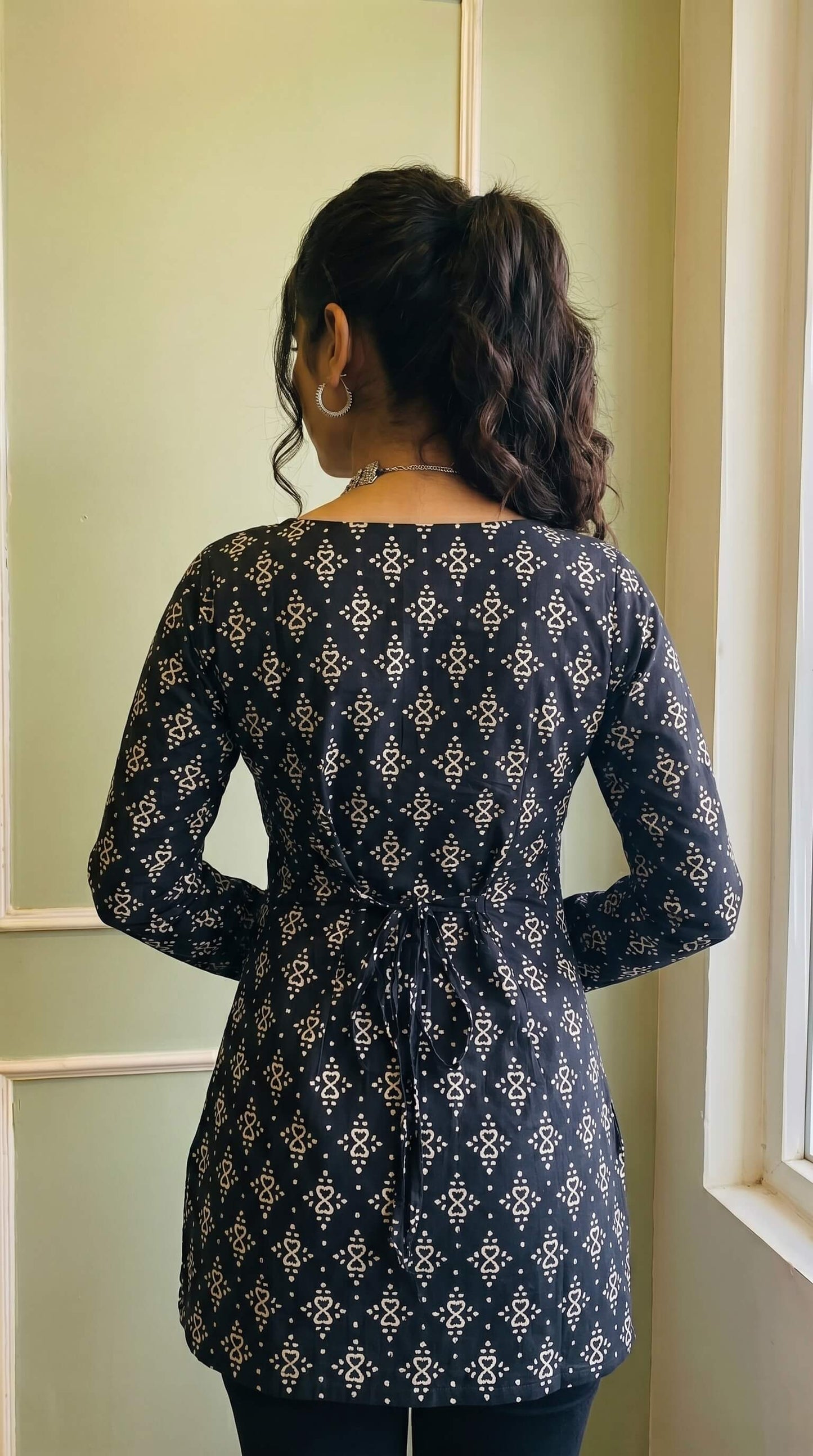 Trendy Black Geometric Print Short Kurti for Women & Girls | Flared Bell Sleeves