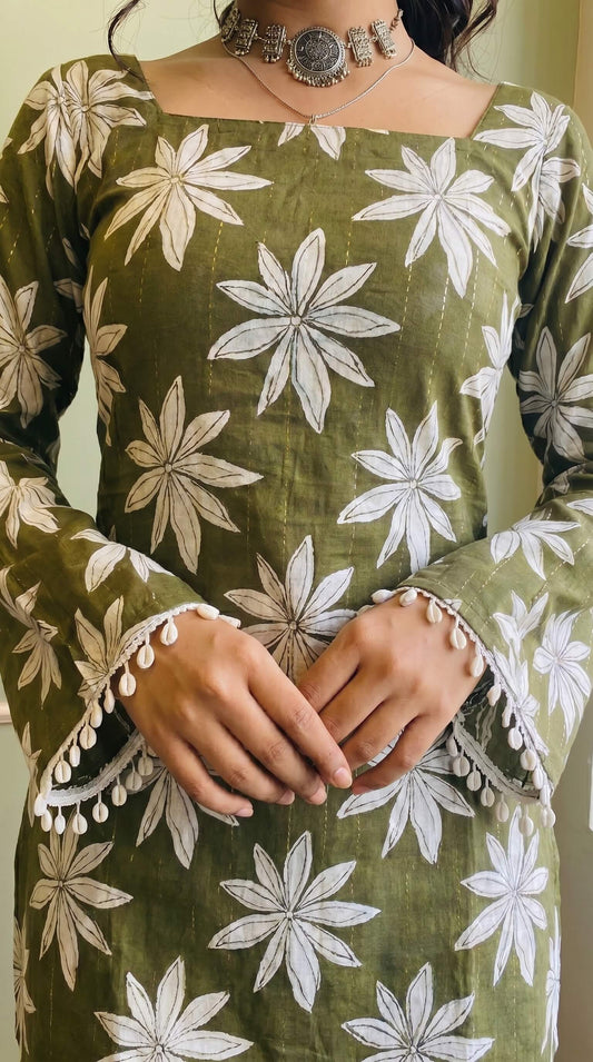 Casual Olive Green Floral Kurti for Women & Girls | Square Neck & Lace Sleeves