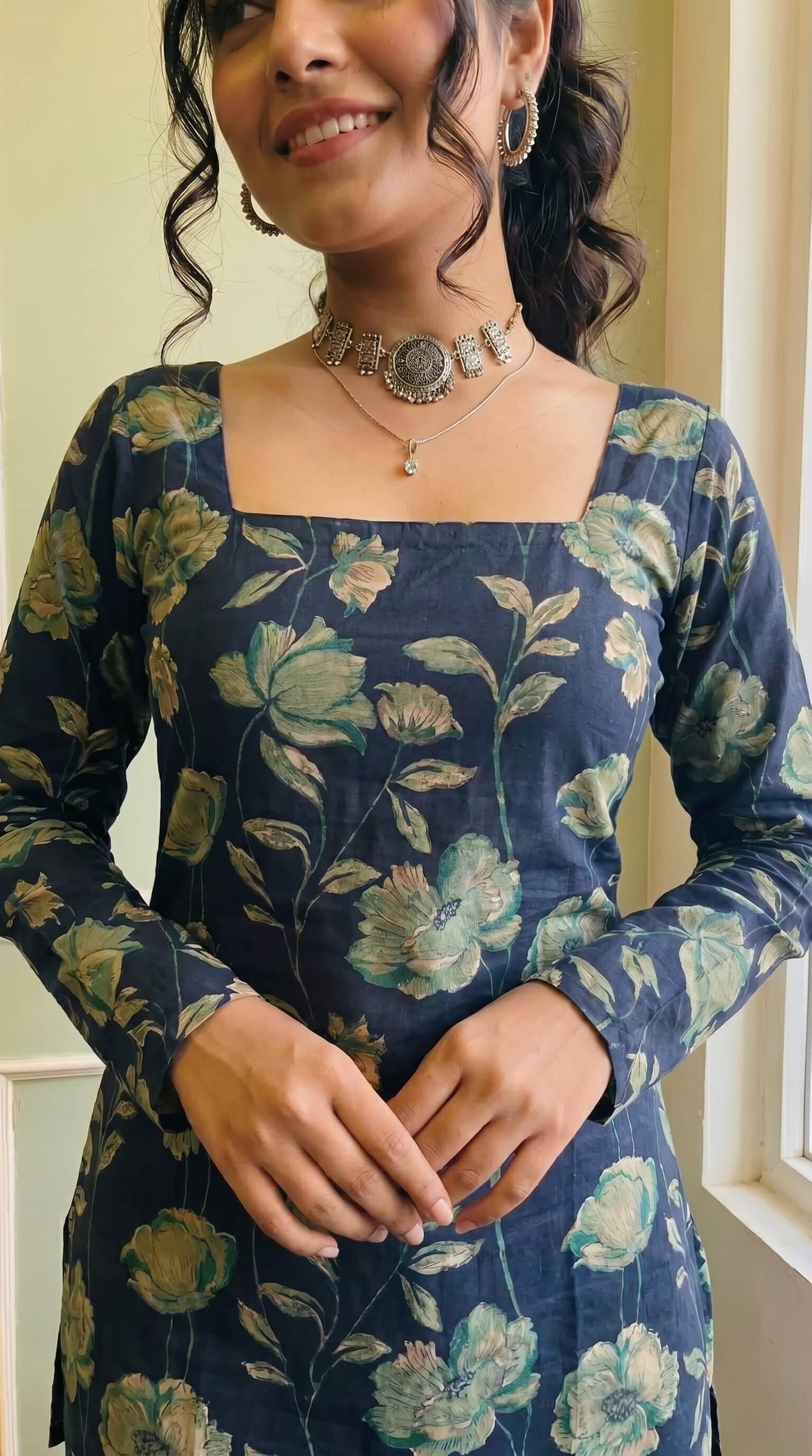 Elegant Navy Flared Sleeve Kurti for Women & Girls | Square Neckline