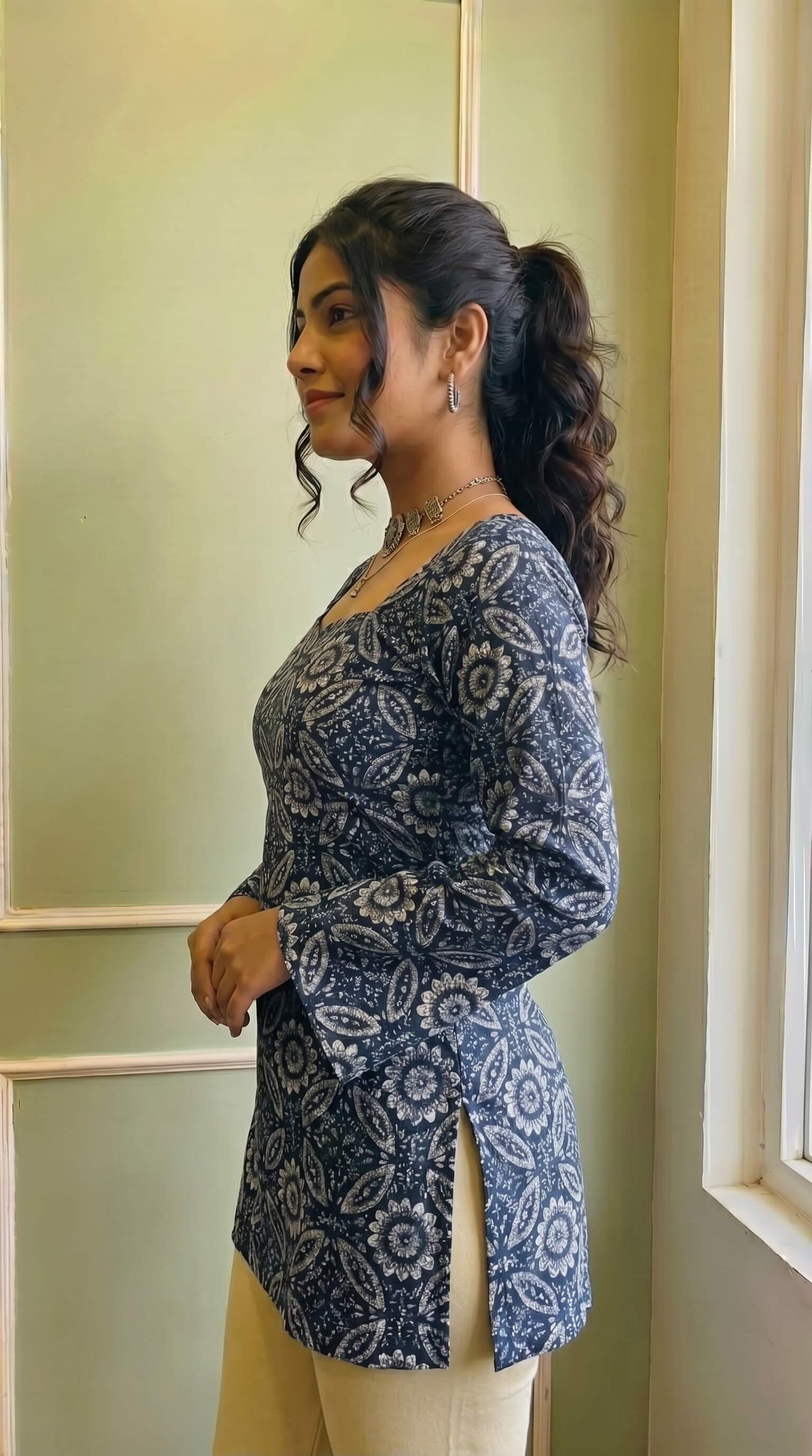 Elegant Blue Flared Sleeve Kurti for Women & Girls | Square Neckline