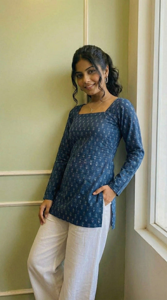 Casual Blue Floral Print Kurti for Women & Girls | Square Neckline