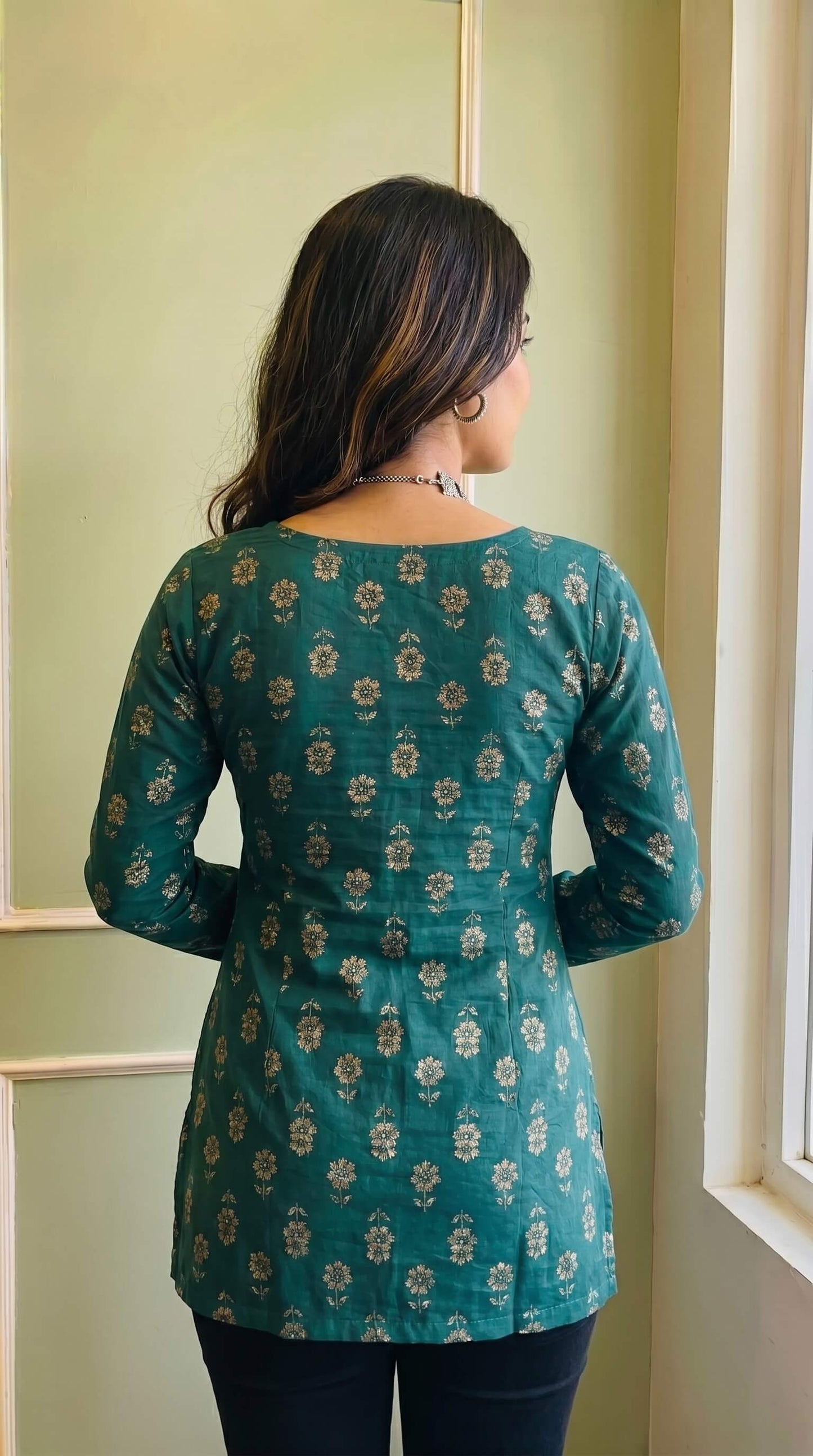 Trendy Green Floral Print Short Kurti for Women & Girls | Pom-Pom Bell Sleeves