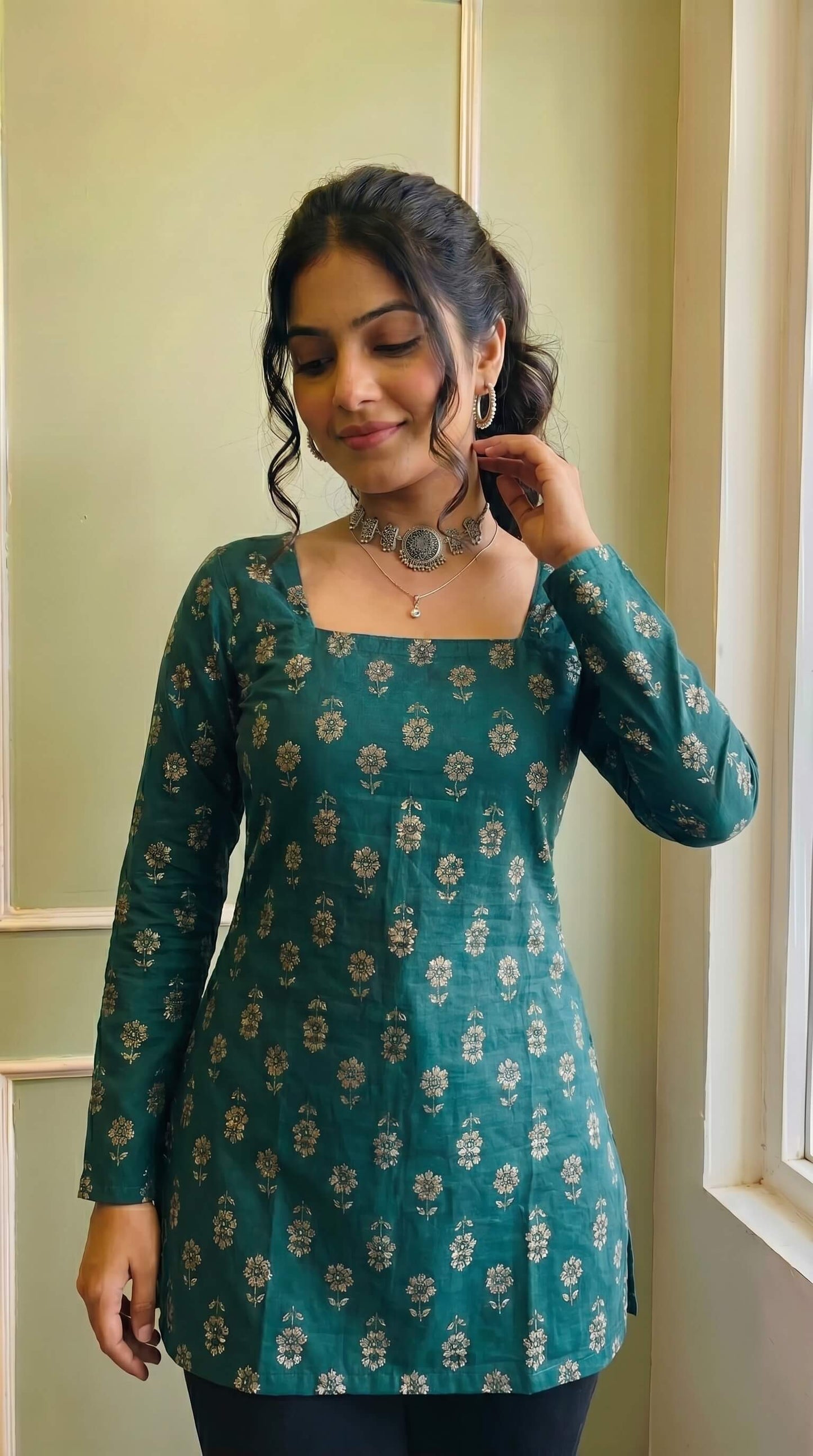 Trendy Green Floral Print Short Kurti for Women & Girls | Pom-Pom Bell Sleeves