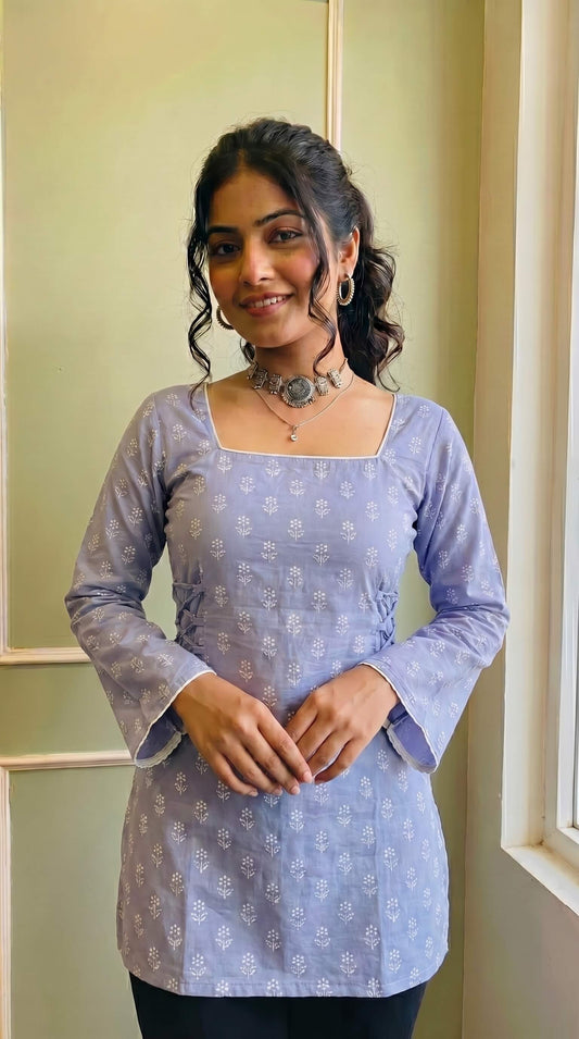 Stylish Square Neck Printed Kurti for Women & Girls | Bell Sleeve Detail