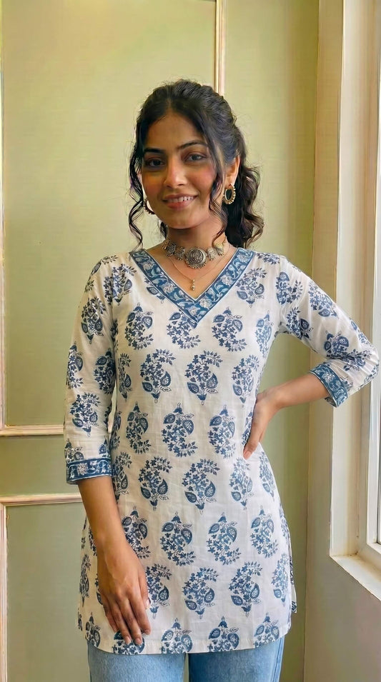 Azure Bloom Block Print Short Kurti