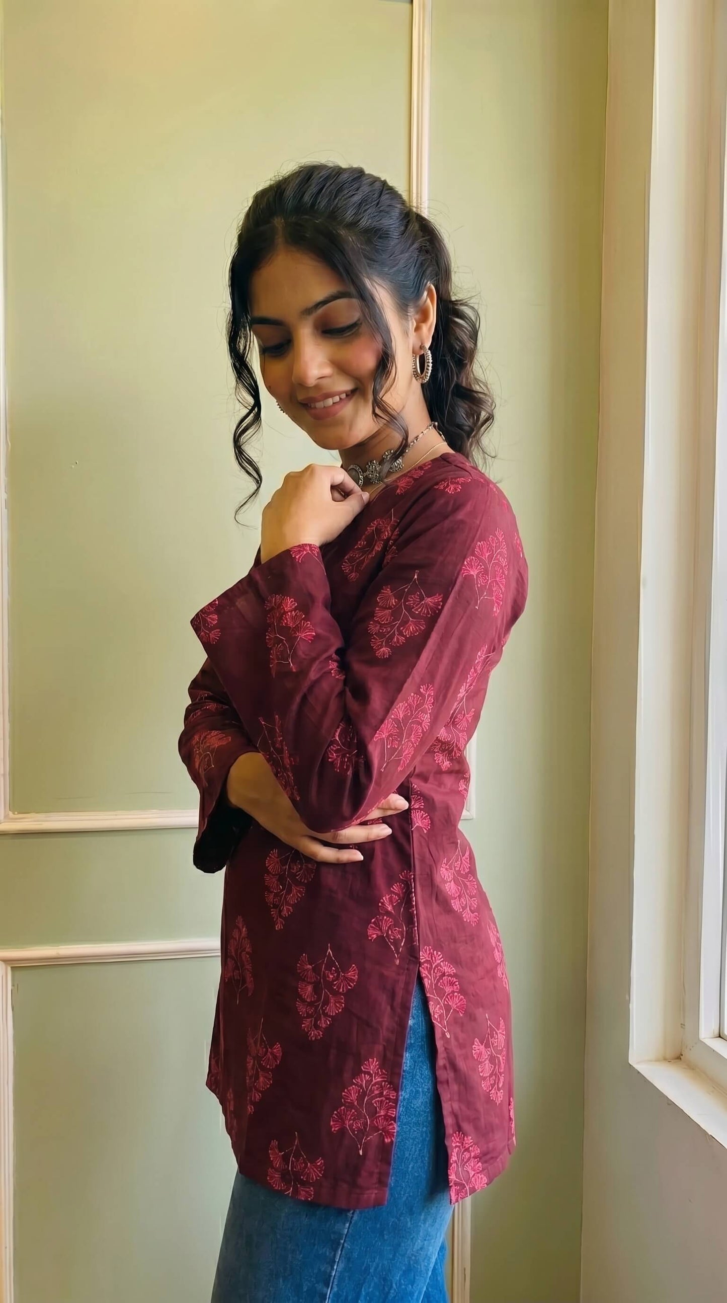 Elegant V-Neck Printed Kurti for Women & Girls | Bell Sleeve Detail
